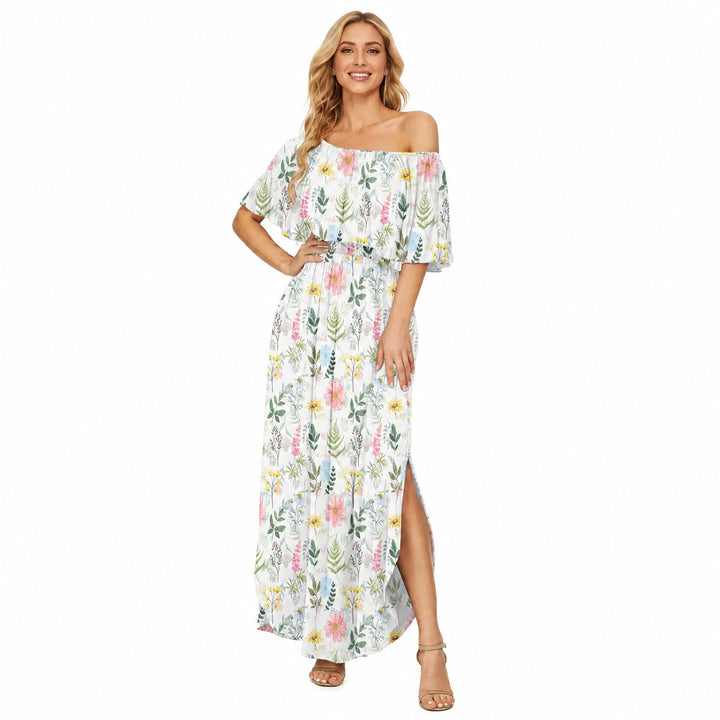 Garden Dream off-shoulder ruffle maxi dress front view on a woman
