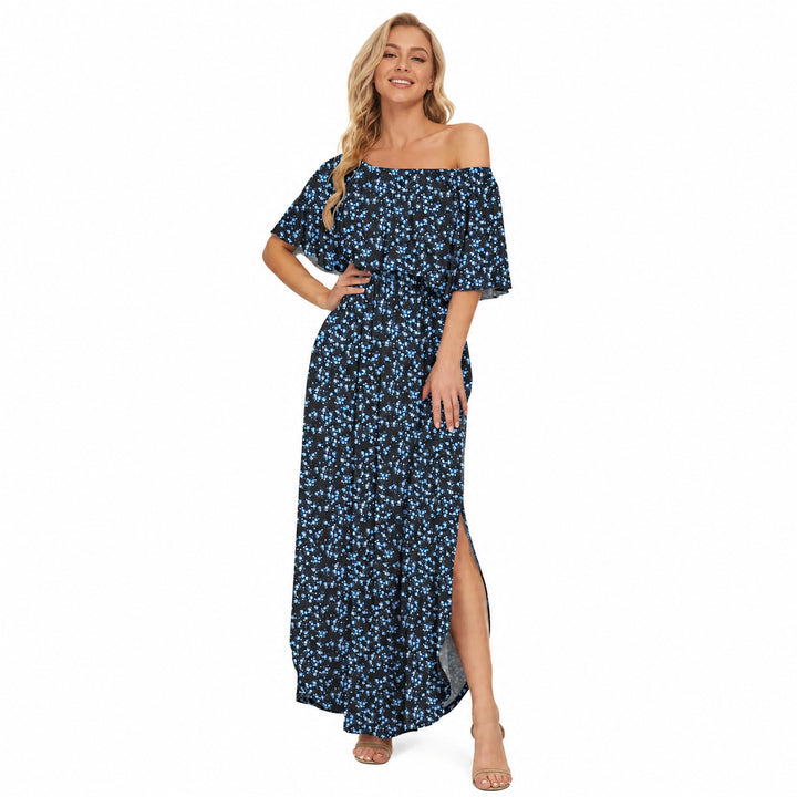Midnight Blossom off-shoulder ruffle maxi dress front view on a woman