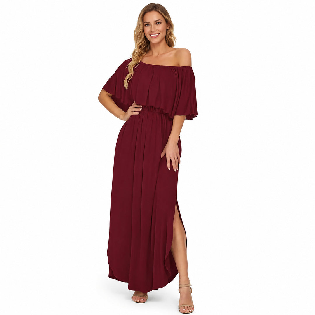 Burgundy off-shoulder ruffle maxi dress front view on a woman