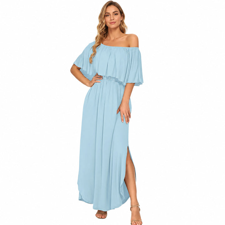 Sky Blue off-shoulder ruffle maxi dress front view on a woman