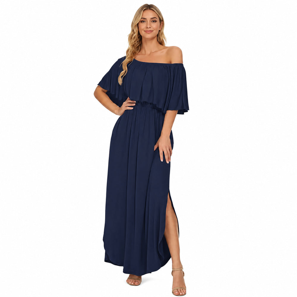Navy Blue off-shoulder ruffle maxi dress front view on a woman