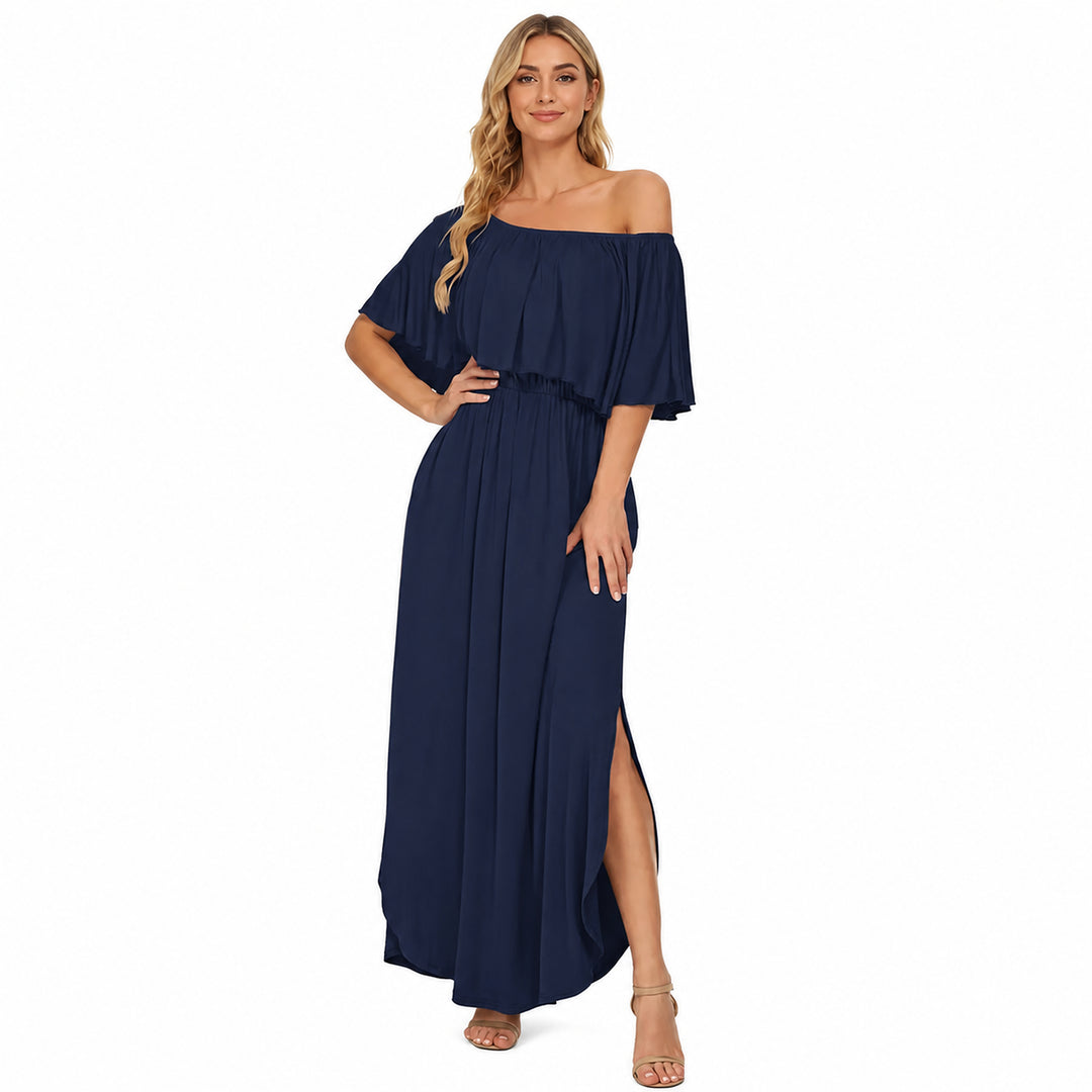 Navy Blue off-shoulder ruffle maxi dress front view on a woman