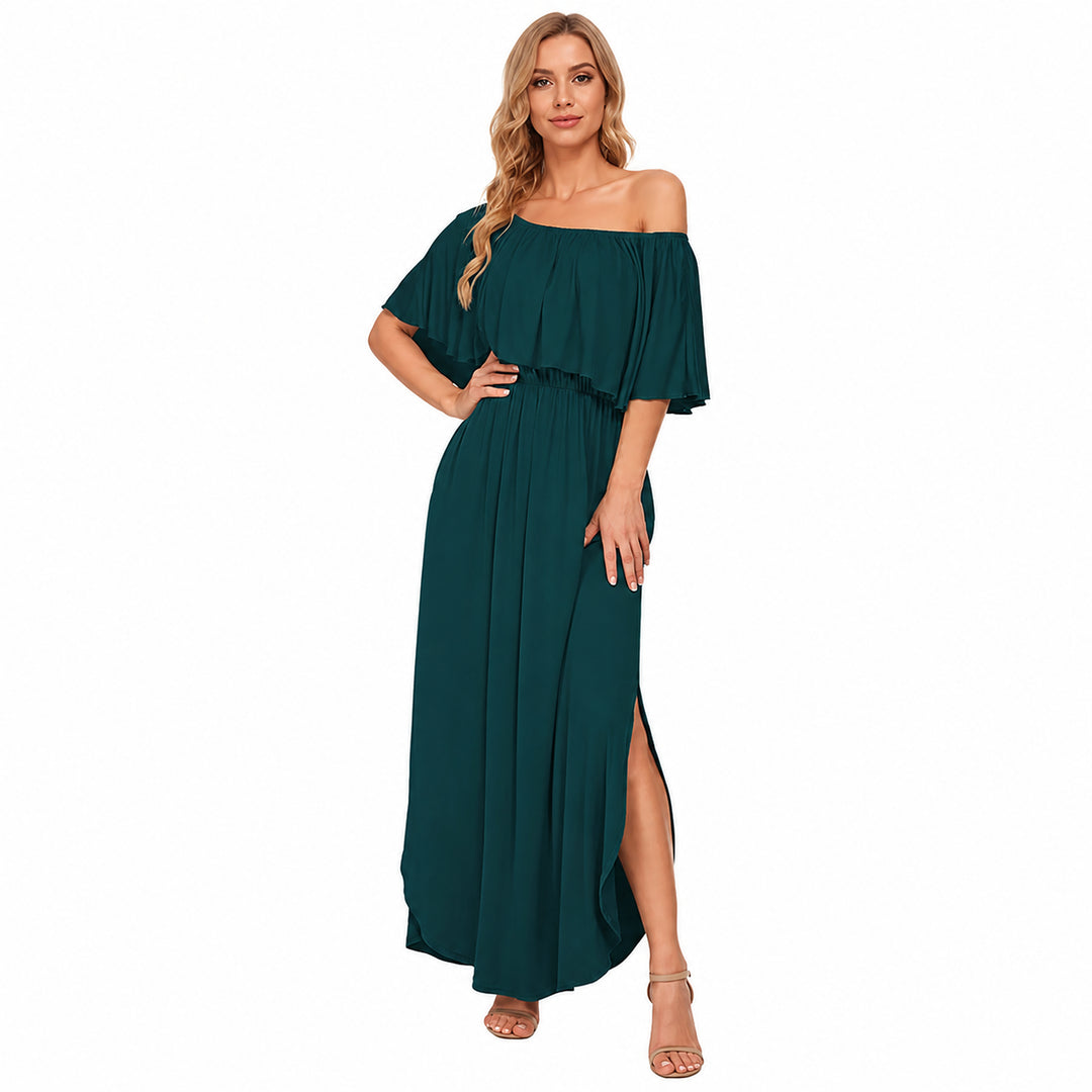 Dark Green off-shoulder ruffle maxi dress front view on a woman