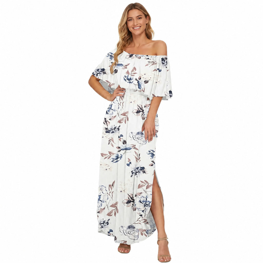 New Floral White off-shoulder ruffle maxi dress front view on a woman