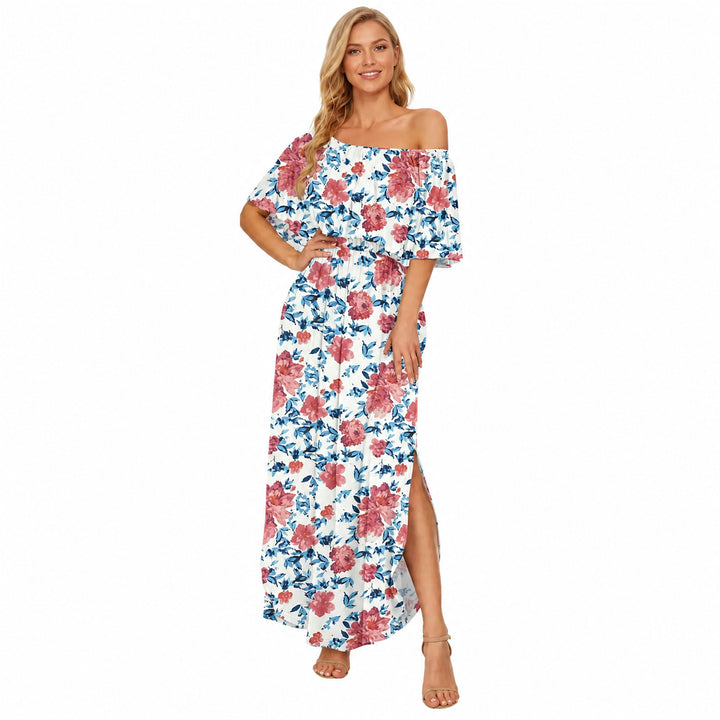 Coral Aqua off-shoulder ruffle maxi dress front view on a woman