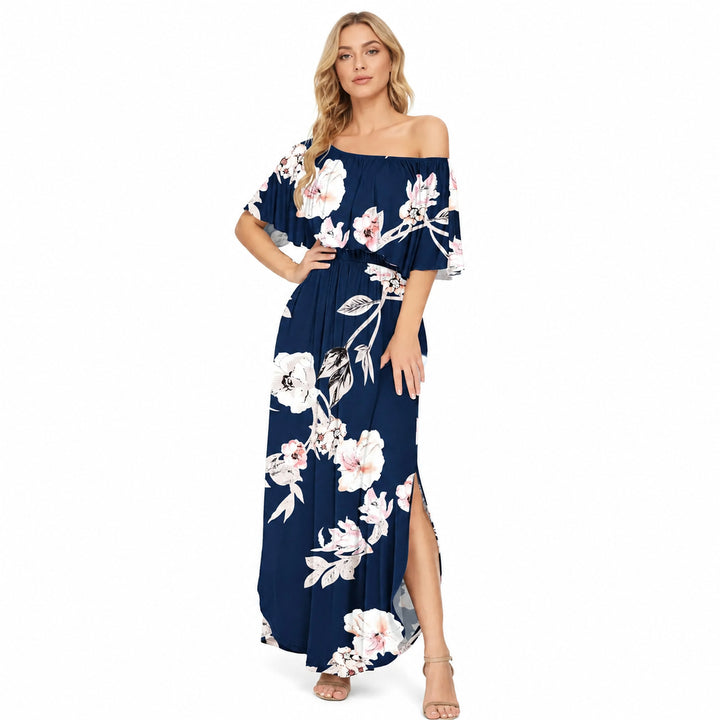 New Floral Navy off-shoulder ruffle maxi dress front view on a woman