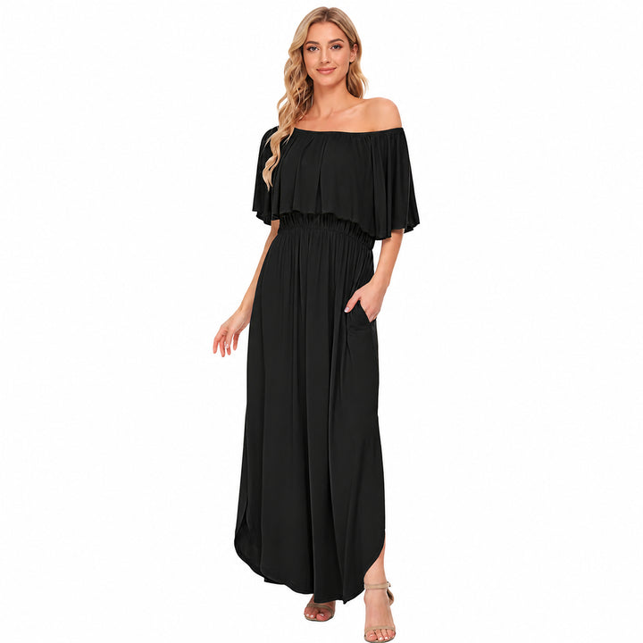 Black off-shoulder ruffle maxi dress front view on a woman