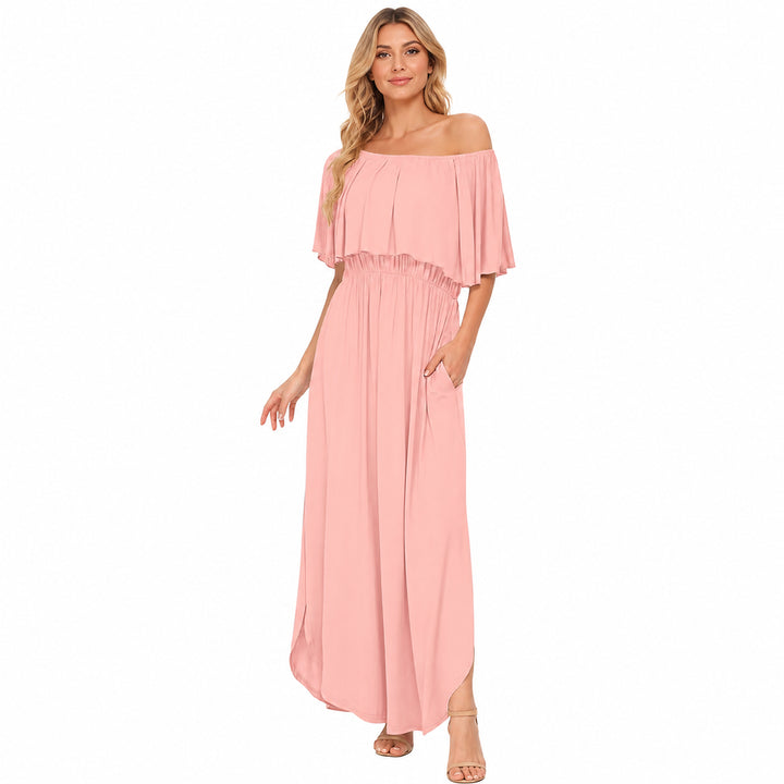 Pink off-shoulder ruffle maxi dress front view on a woman