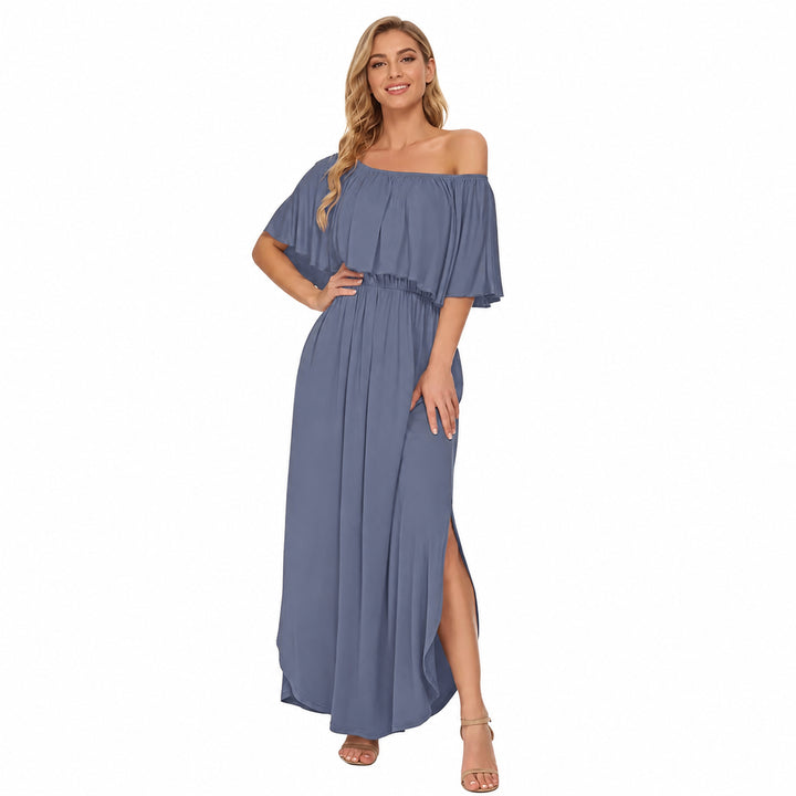 Purple Gray off-shoulder ruffle maxi dress front view on a woman
