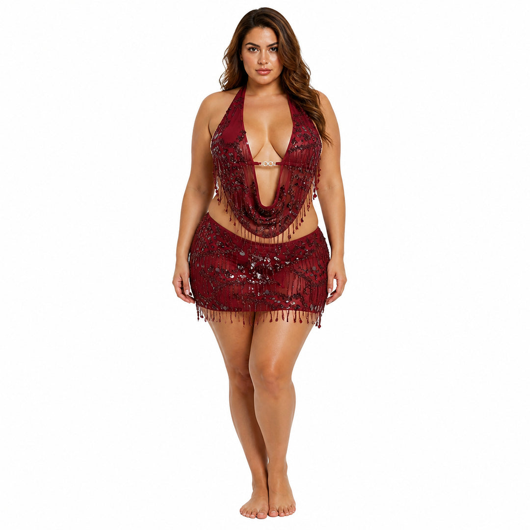 Burgundy sequin halter mini set on model, front view