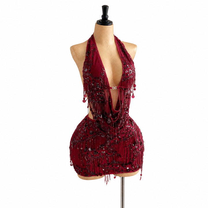 Burgundy sequin halter mini set, front construction view