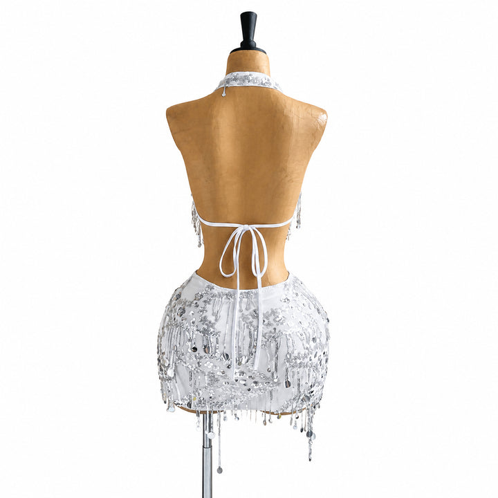 Silver sequin halter mini set, back view