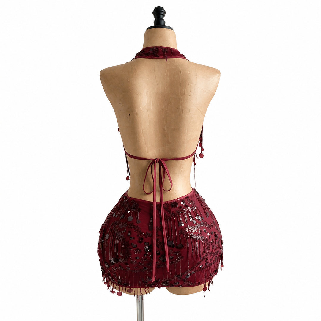 Burgundy sequin halter mini set, back construction view