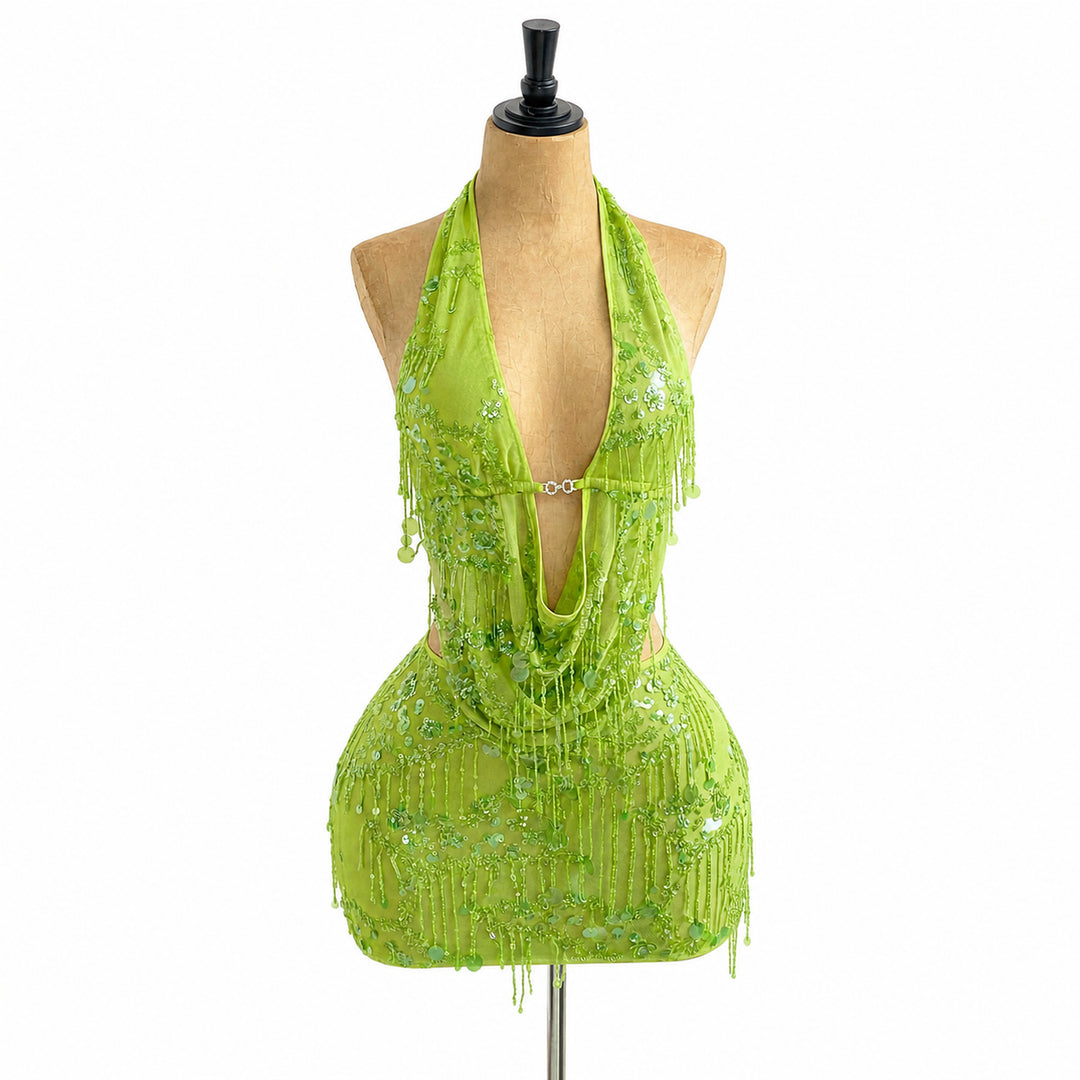 Green sequin halter mini set, front view