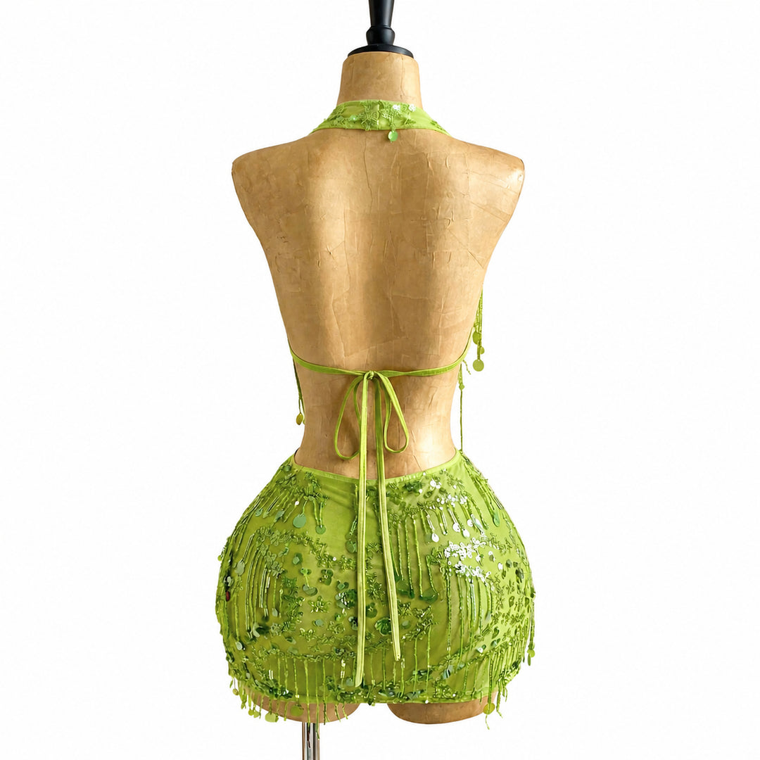 Green sequin halter mini set, back view