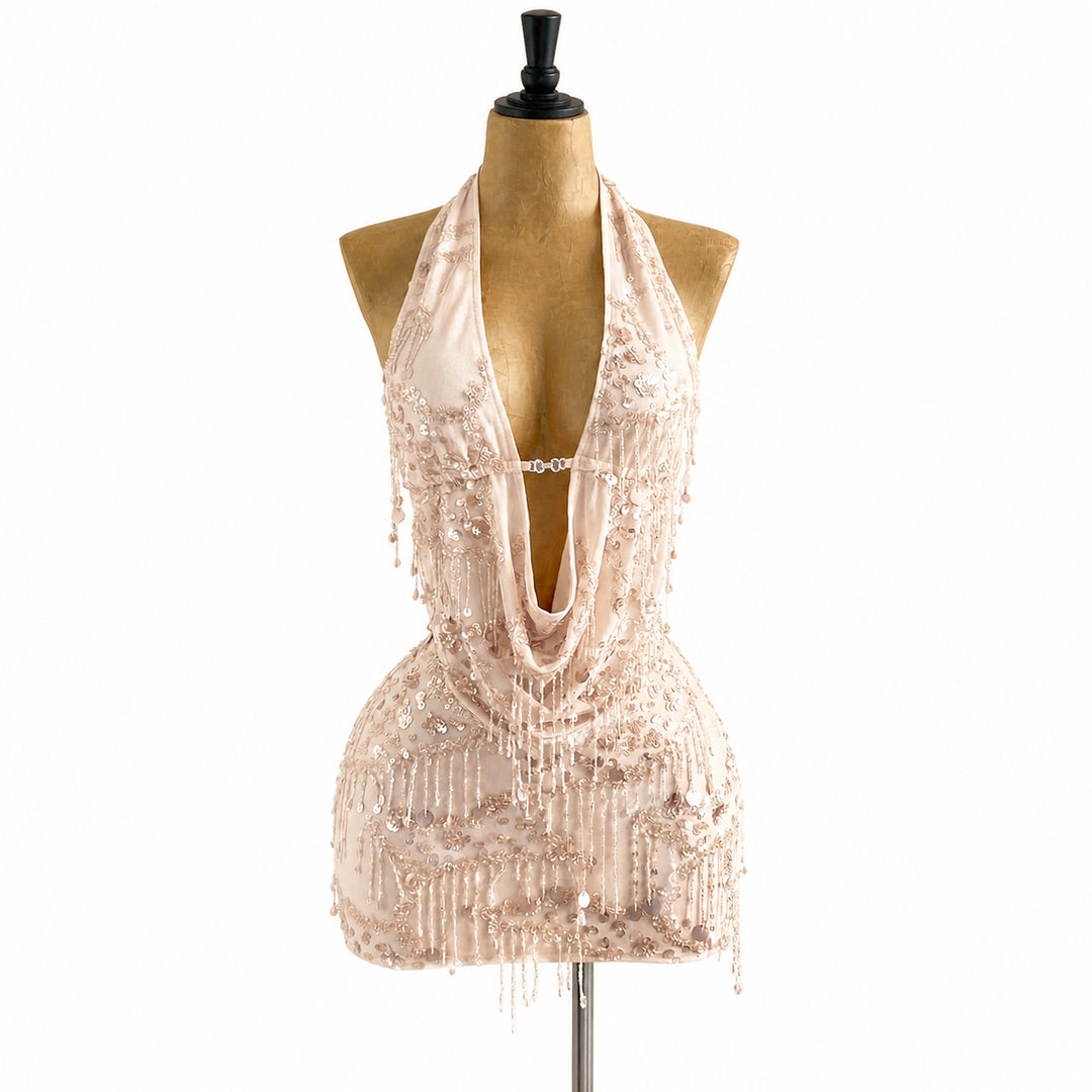 Apricot sequin halter mini set, front view