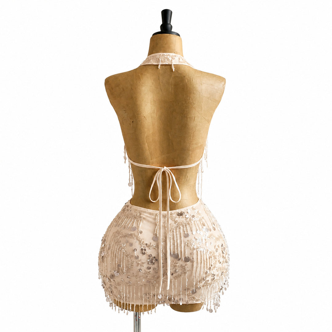 Apricot sequin halter mini set, back view