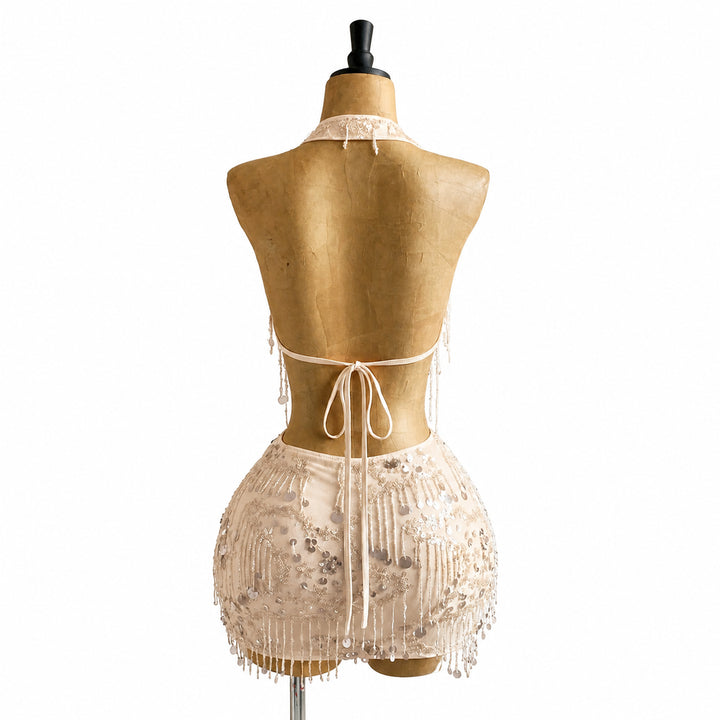Apricot sequin halter mini set, back view
