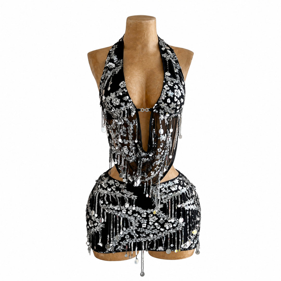 Black sequin halter mini set, front view