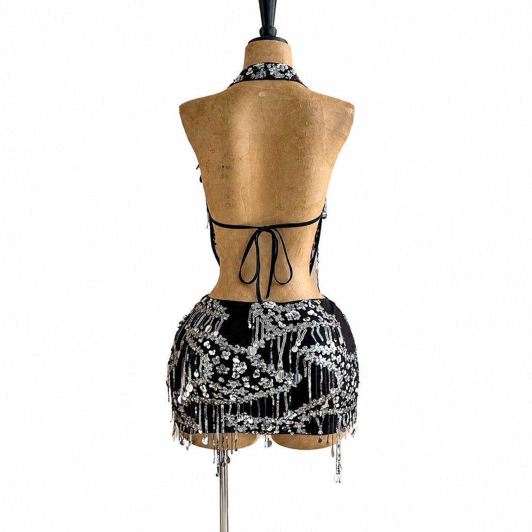 Black sequin halter mini set, back view