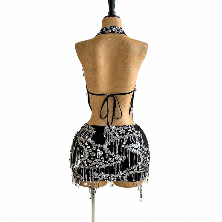 Black sequin halter mini set, back view