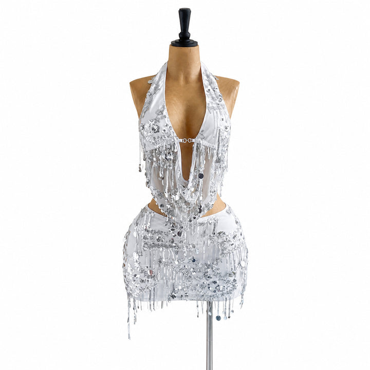 Silver sequin halter mini set, front view