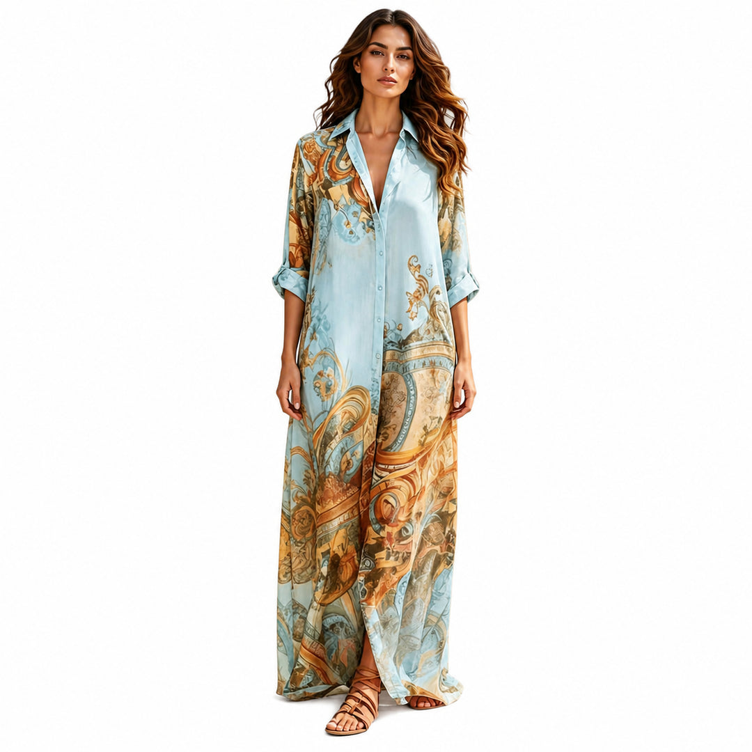 Light Blue paisley button-front maxi dress, front view