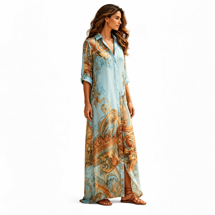 Light Blue paisley maxi dress, three-quarter view