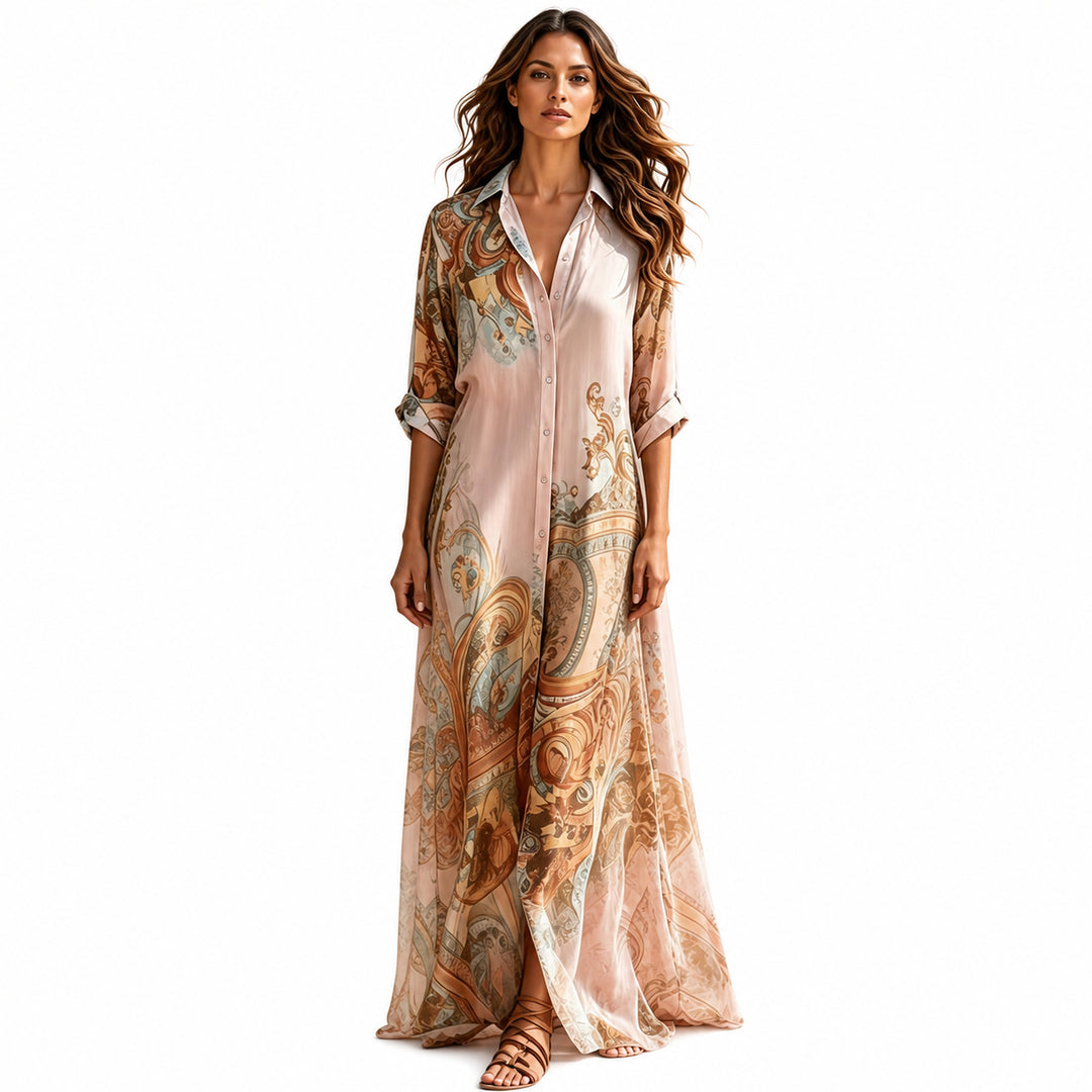 Pink paisley button-front maxi dress, front view