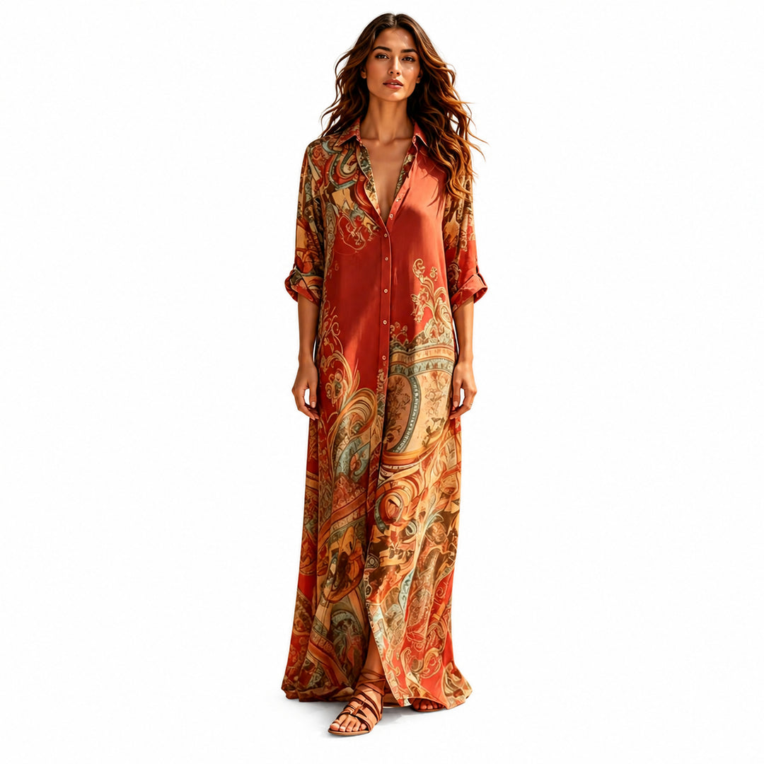 Red paisley button-front maxi dress, front view