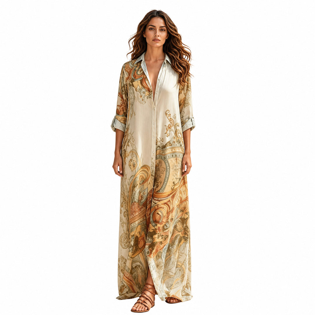 Apricot paisley button-front maxi dress, front view