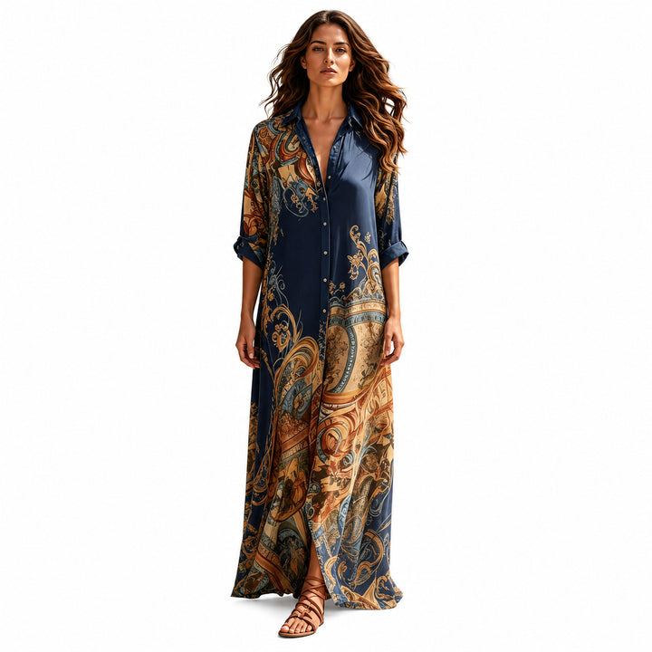 Navy paisley button-front maxi dress, front view