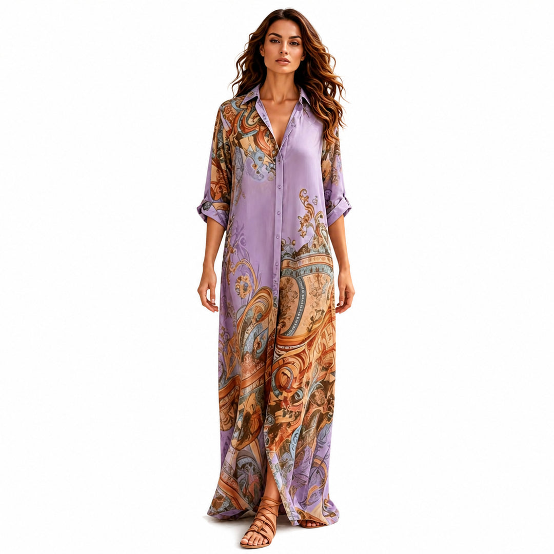 Purple paisley button-front maxi dress, front view
