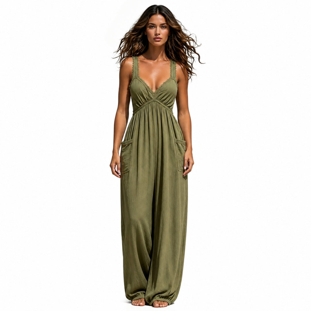 Green 2 lace-trim wide-leg jumpsuit, front view