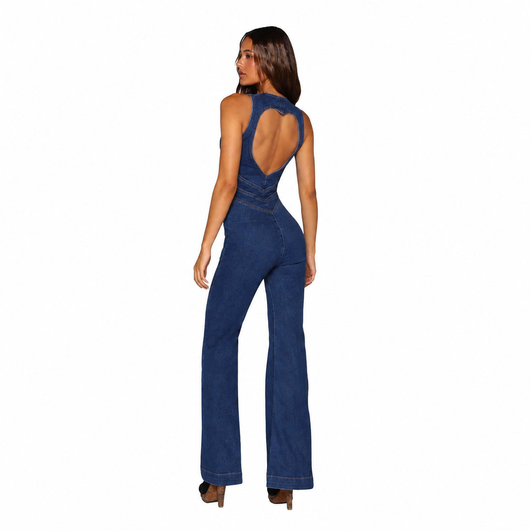 Dark-indigo denim jumpsuit with heart-shaped open back