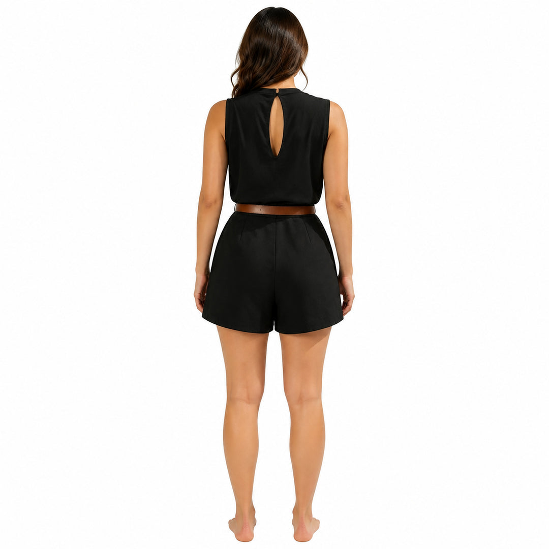Black belted romper with teardrop back keyhole