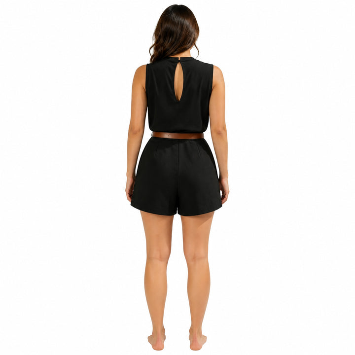 Black belted romper with teardrop back keyhole