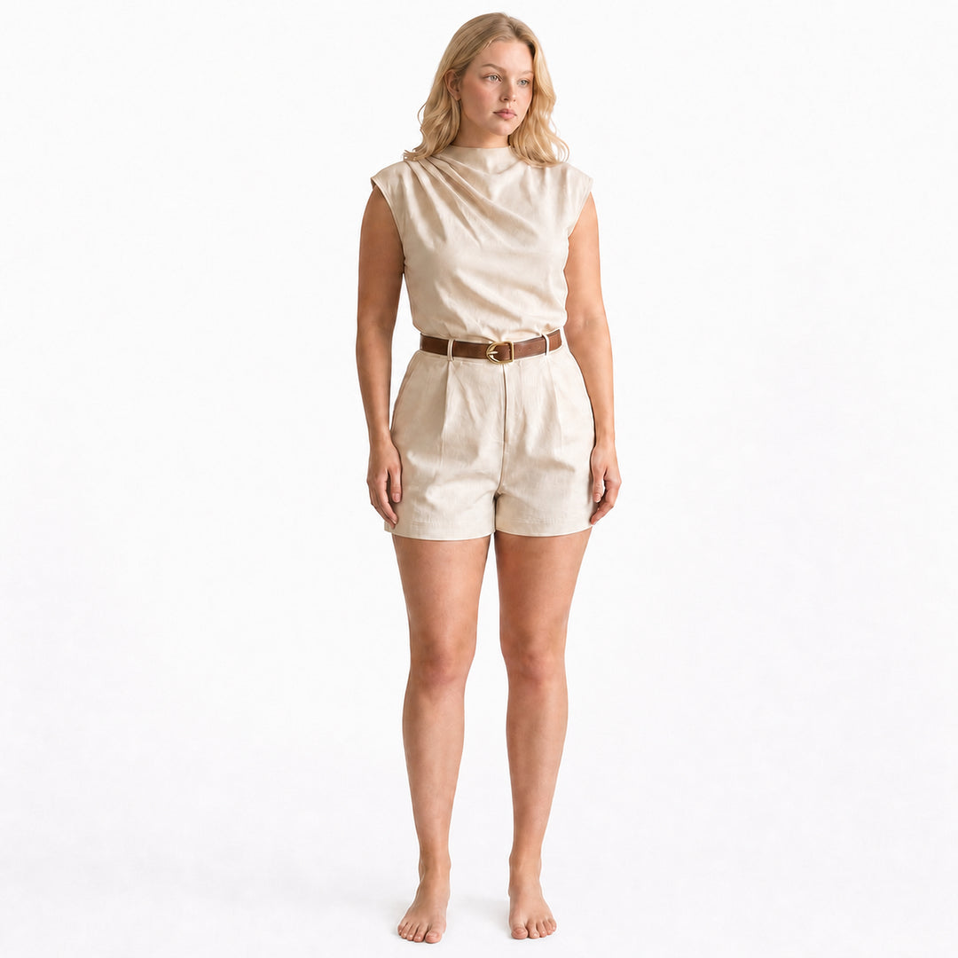 Beige draped-neck belted romper, front view