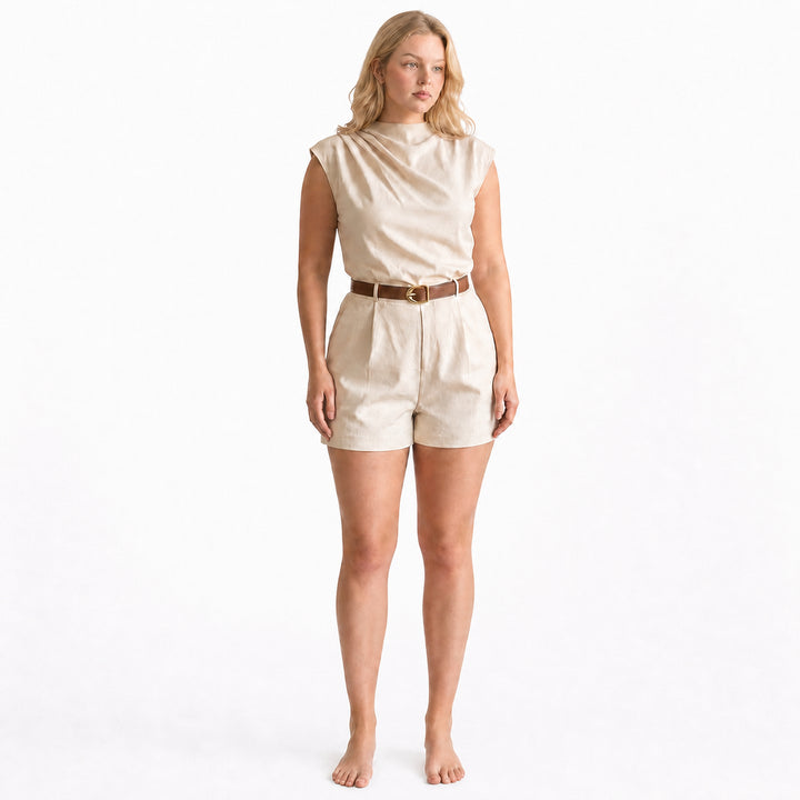 Beige draped-neck belted romper, front view