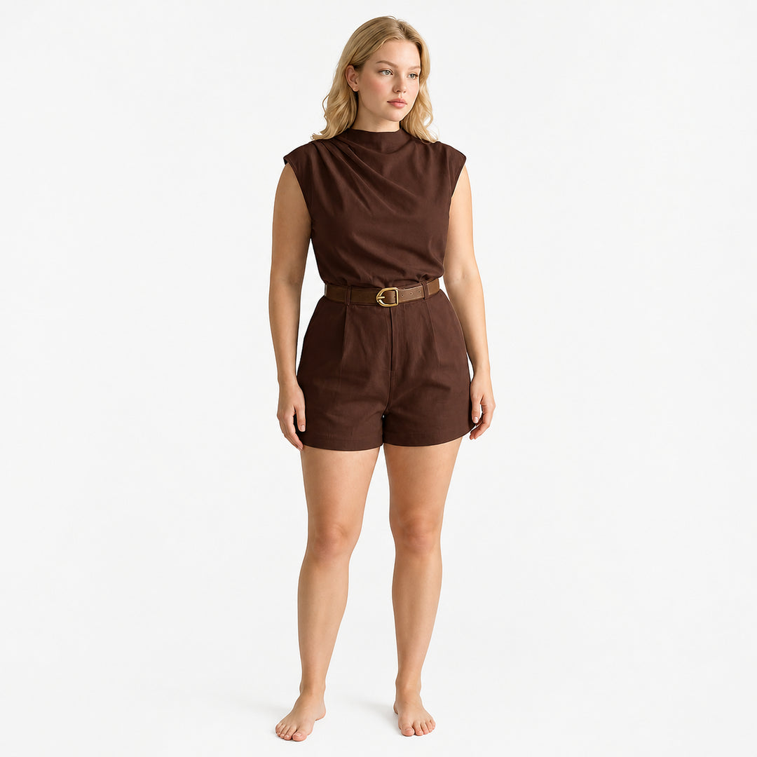 Brown draped-neck belted romper, front view