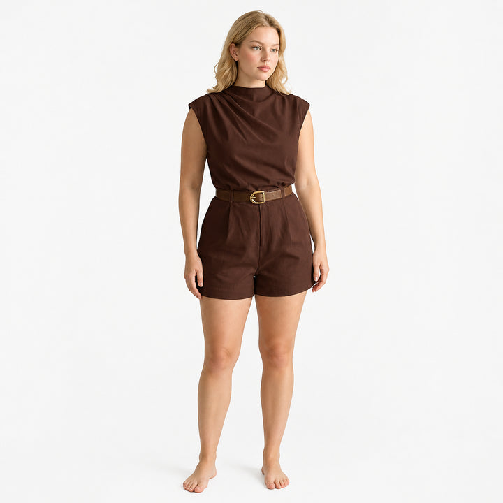 Brown draped-neck belted romper, front view