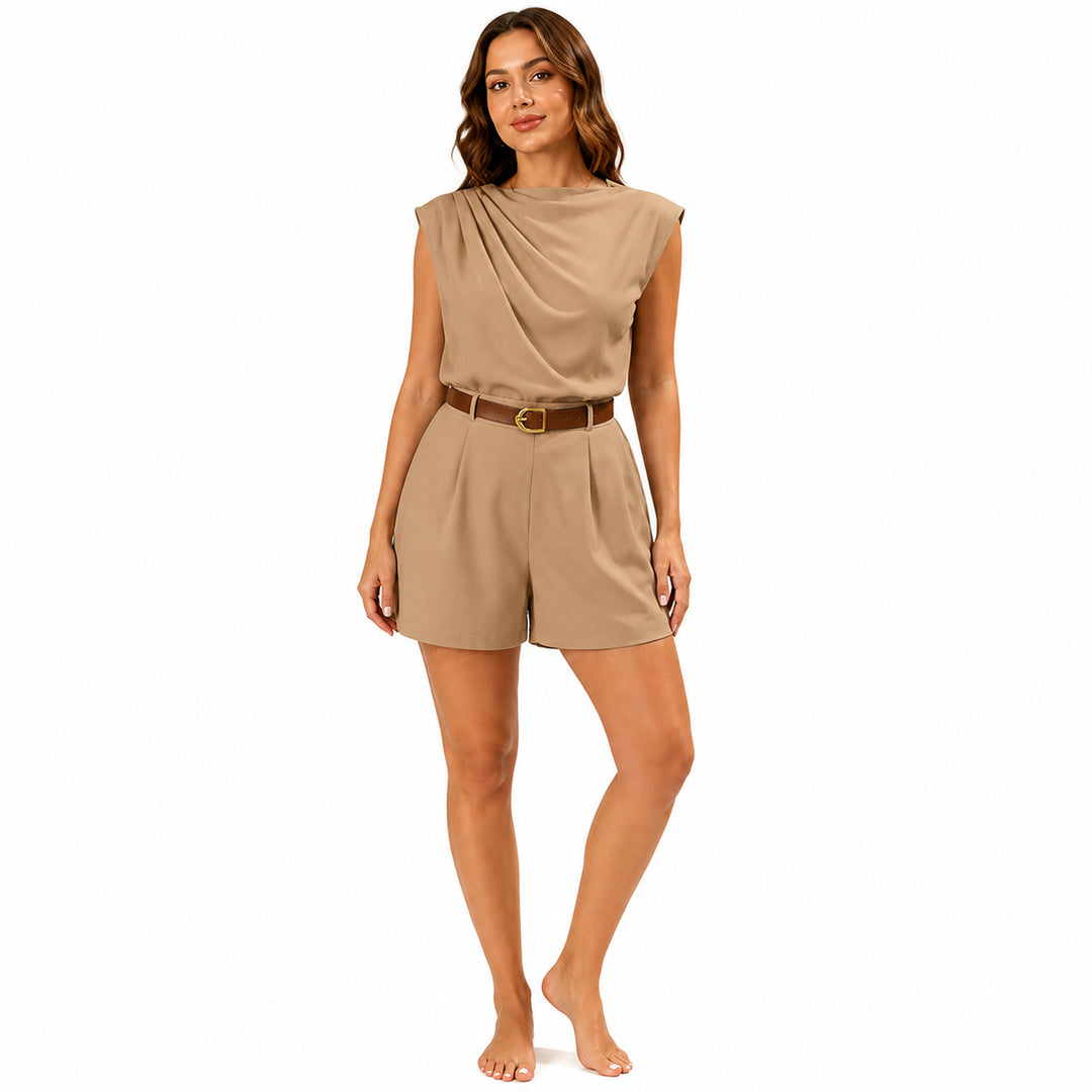 Light Brown draped-neck belted romper, front view