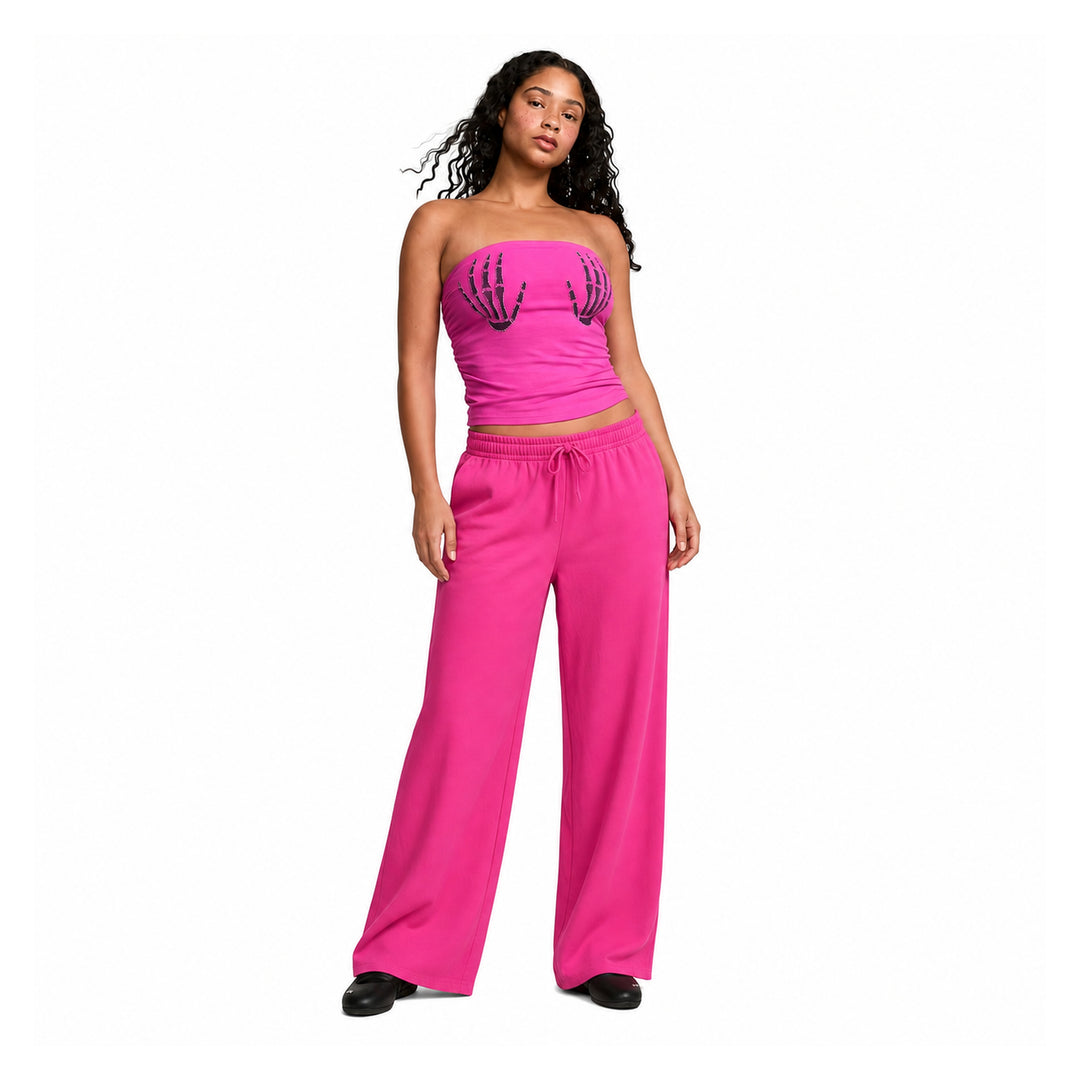 The Elara Skeleton Hands pink top and wide-leg pants set, front view