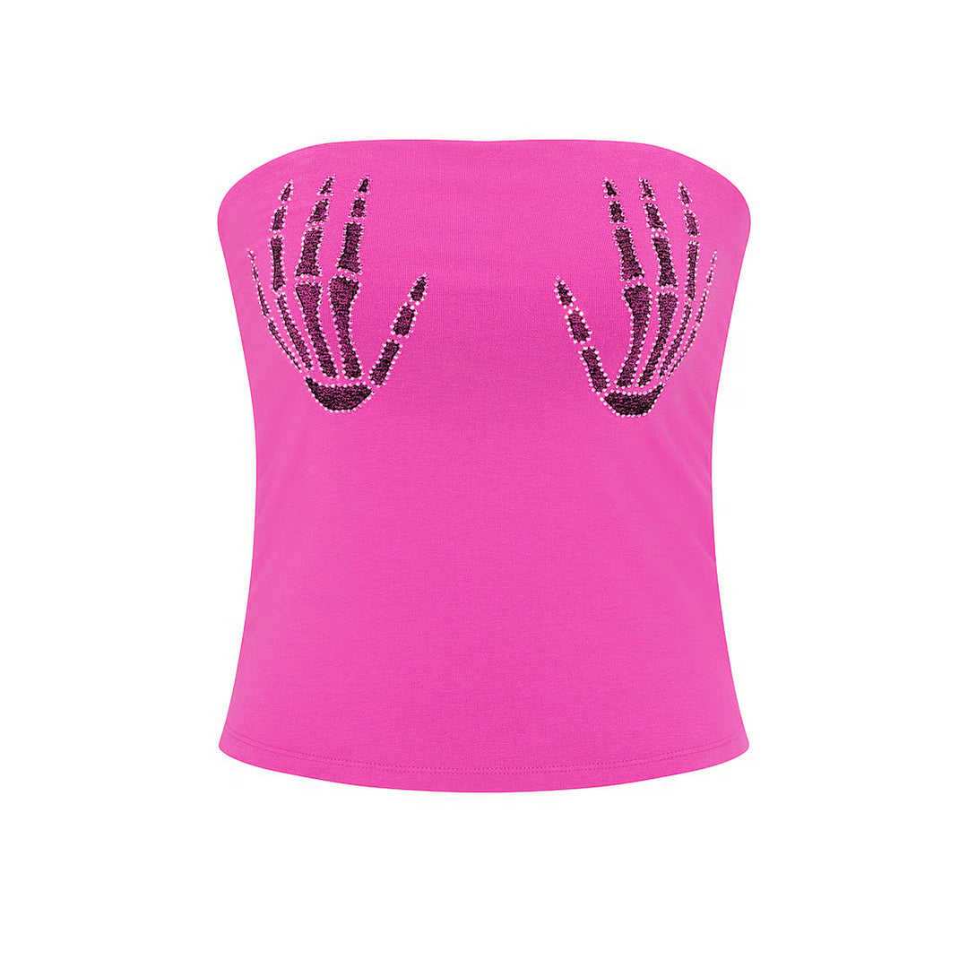 Pink strapless skeleton-hands top, flat front view
