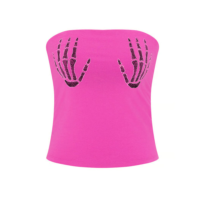 Pink strapless skeleton-hands top, flat front view