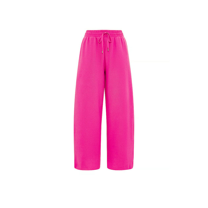 Pink drawstring wide-leg pants, flat front view
