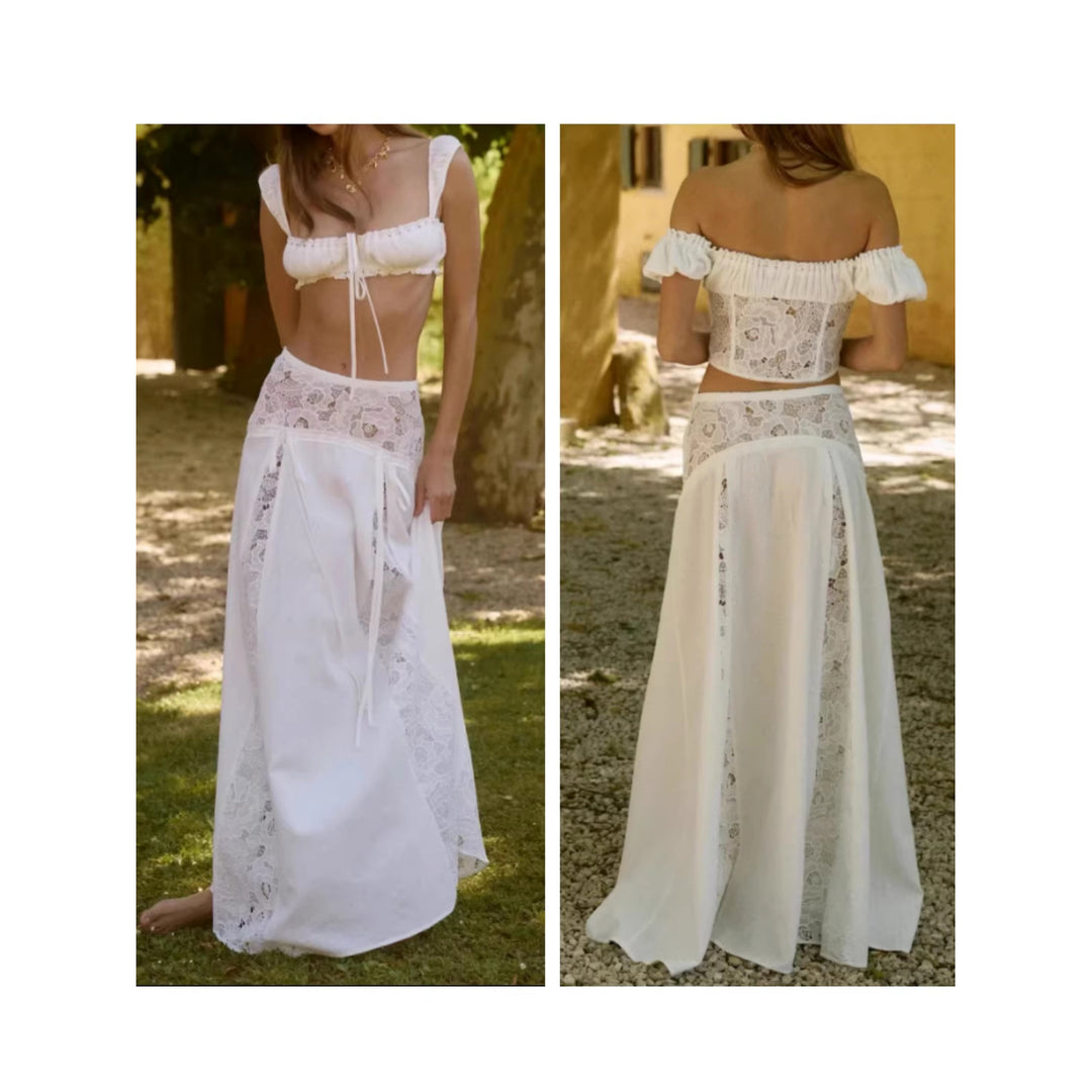 The Elara Solenne cami and lace-panel maxi skirt set, front and back views