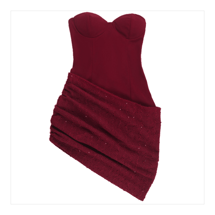 The Elara Celeste sparkle draped mini dress in burgundy
