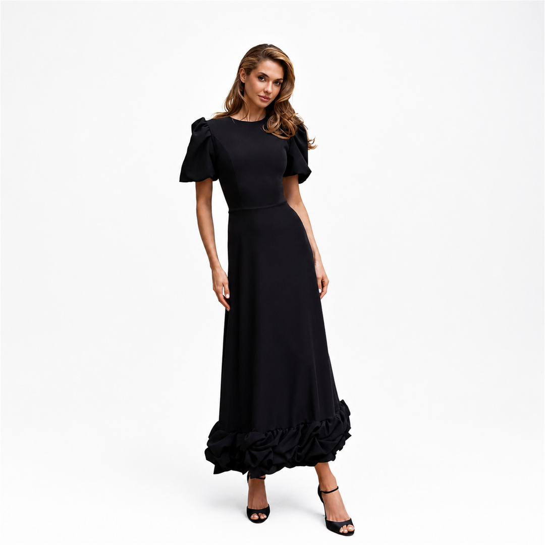 The Elara Amorette sculpted ruffle maxi dress in black
