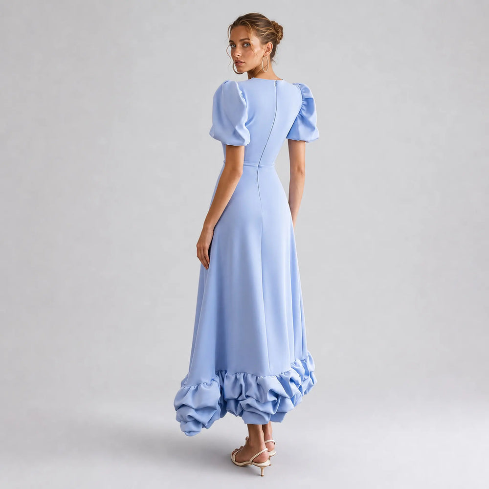 Sky blue Amorette maxi dress, back view